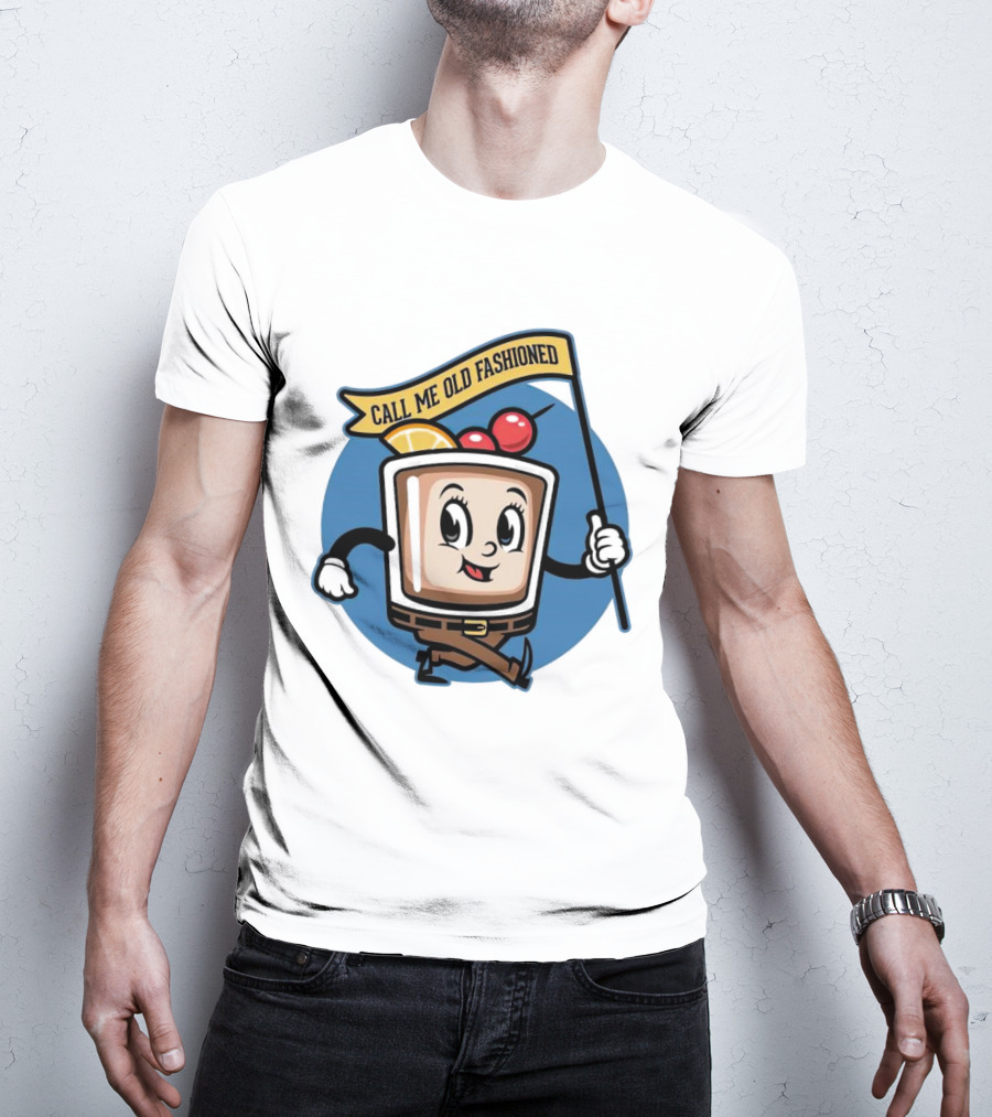 Whiskey Call Me Old Fashioned Cartoon Drink Character With Flag And Cherries T-Shirt