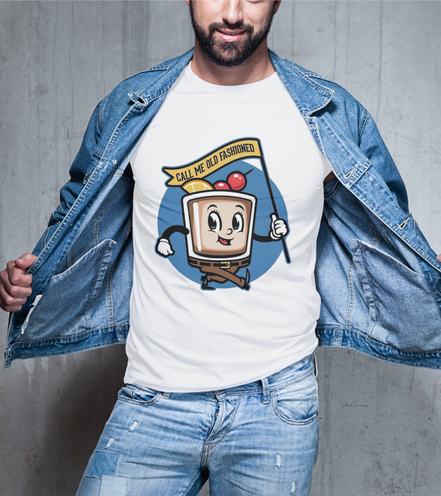Whiskey Call Me Old Fashioned Cartoon Drink Character With Flag And Cherries T-Shirt