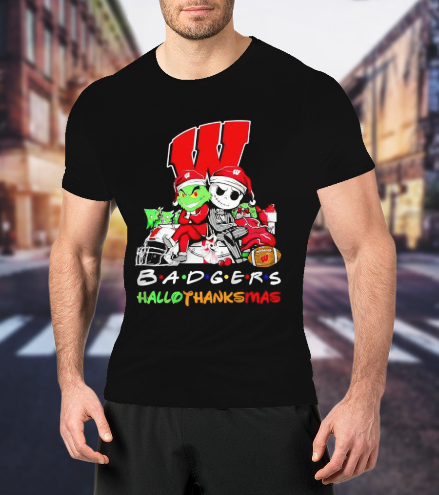 Badgers HalloThanksMas Grinch Jack Skellington Friends Football W T-Shirt