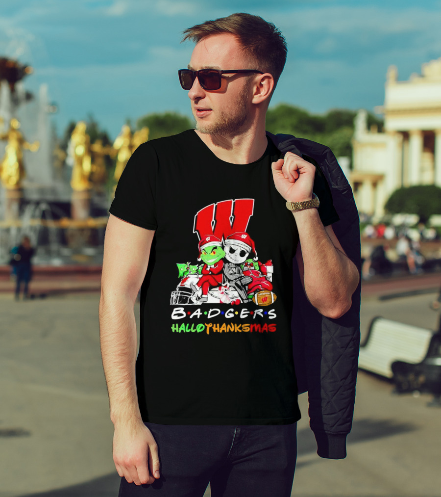 Badgers HalloThanksMas Grinch Jack Skellington Friends Football W T-Shirt