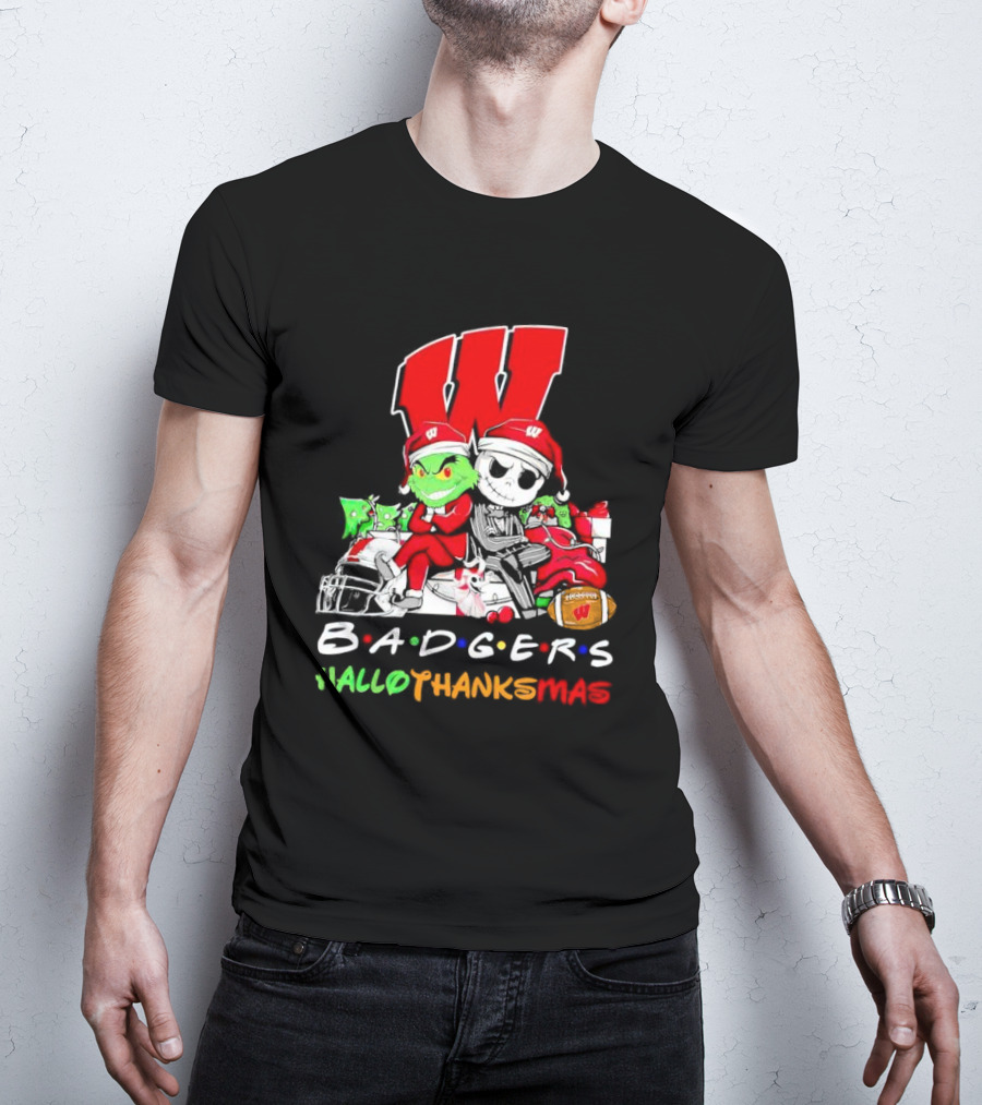 Badgers HalloThanksMas Grinch Jack Skellington Friends Football W T-Shirt