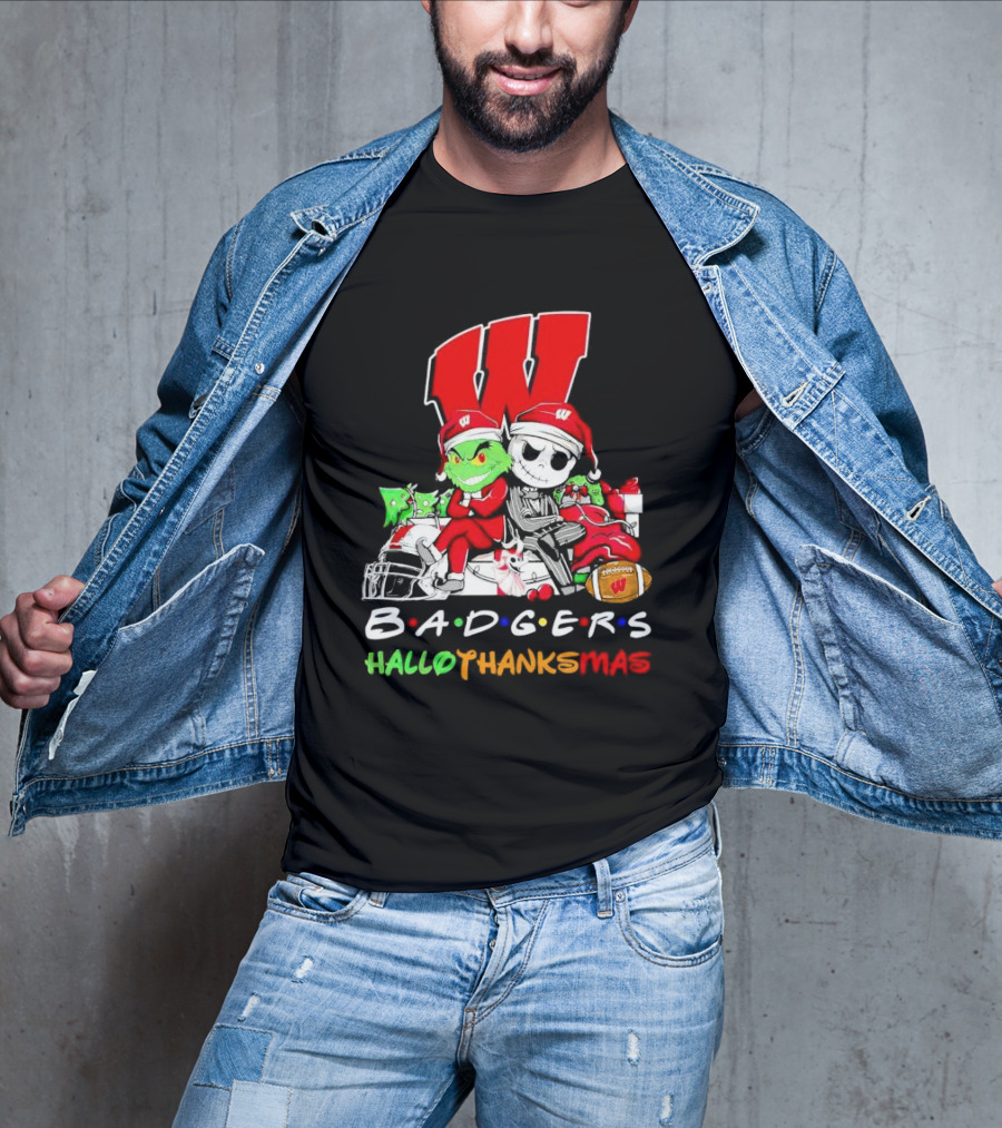 Badgers HalloThanksMas Grinch Jack Skellington Friends Football W T-Shirt