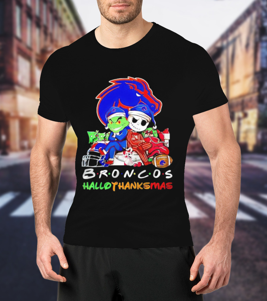 Broncos HalloThanksMas Grinch And Jack Skellington Friends T-Shirt