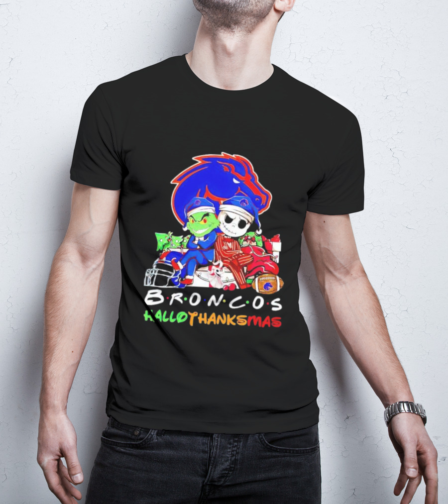 Broncos HalloThanksMas Grinch And Jack Skellington Friends T-Shirt