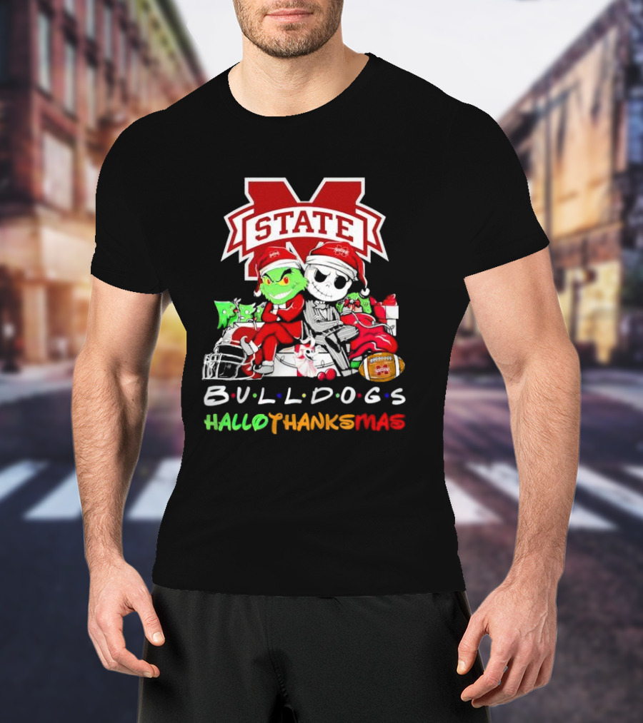 State Bulldogs Grinch And Jack Skellington HalloThanksMas T-Shirt