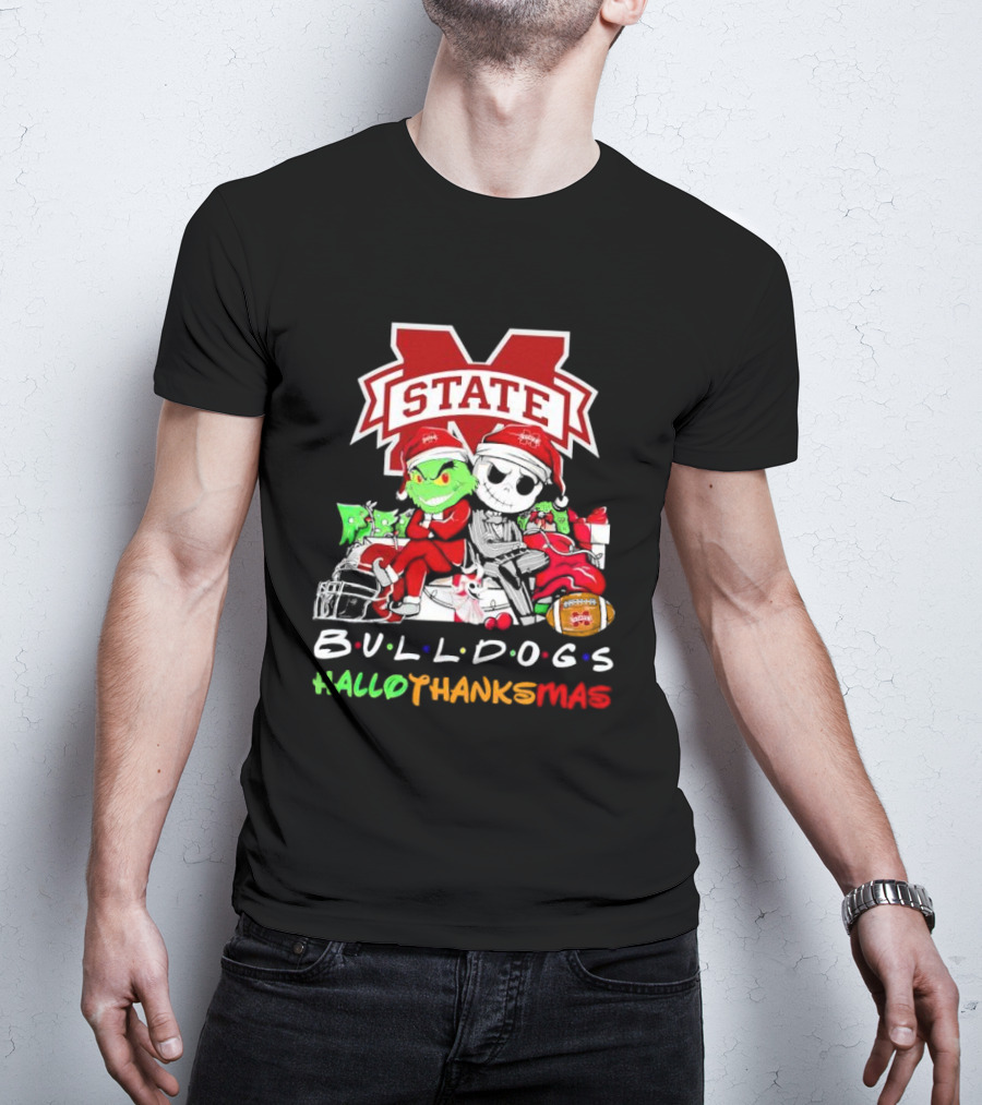 State Bulldogs Grinch And Jack Skellington HalloThanksMas T-Shirt