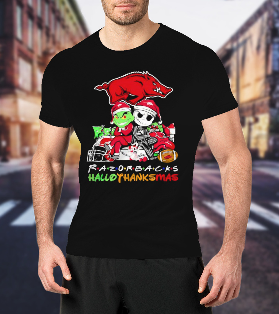 Razorbacks Grinch Jack Skellington Friends HalloThanksMas T-Shirt