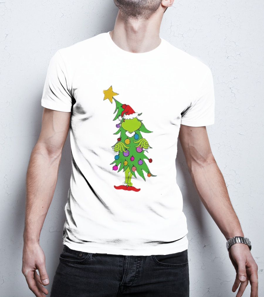 Grinch Christmas Tree Costume With Star And Ornaments T-Shirt