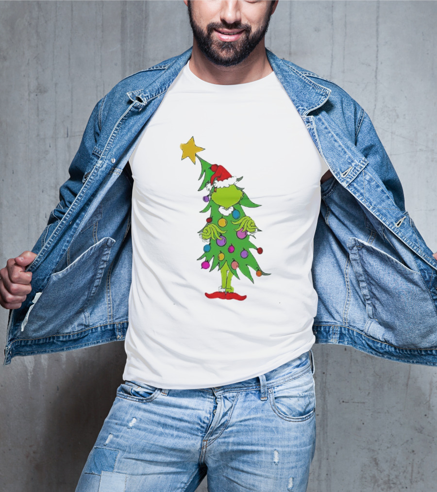 Grinch Christmas Tree Costume With Star And Ornaments T-Shirt
