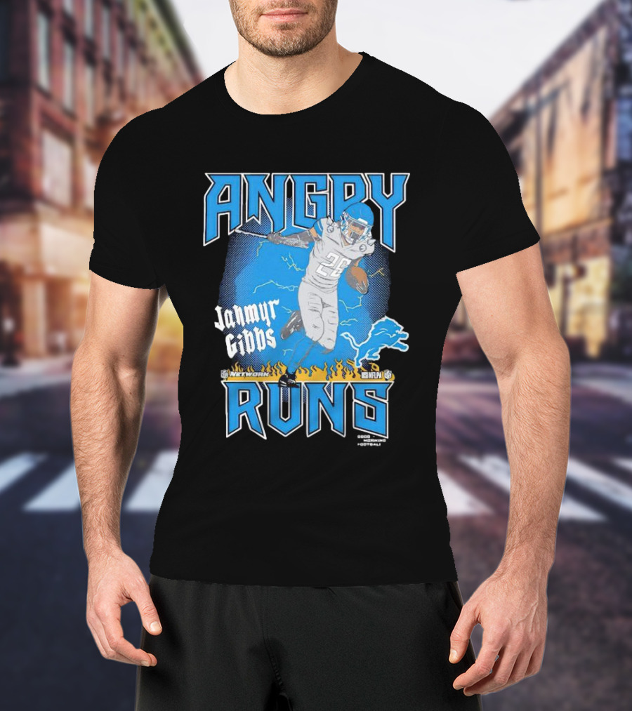 Jahmyr Gibbs Angry Runs Detroit Football Flames And Lion T-Shirt