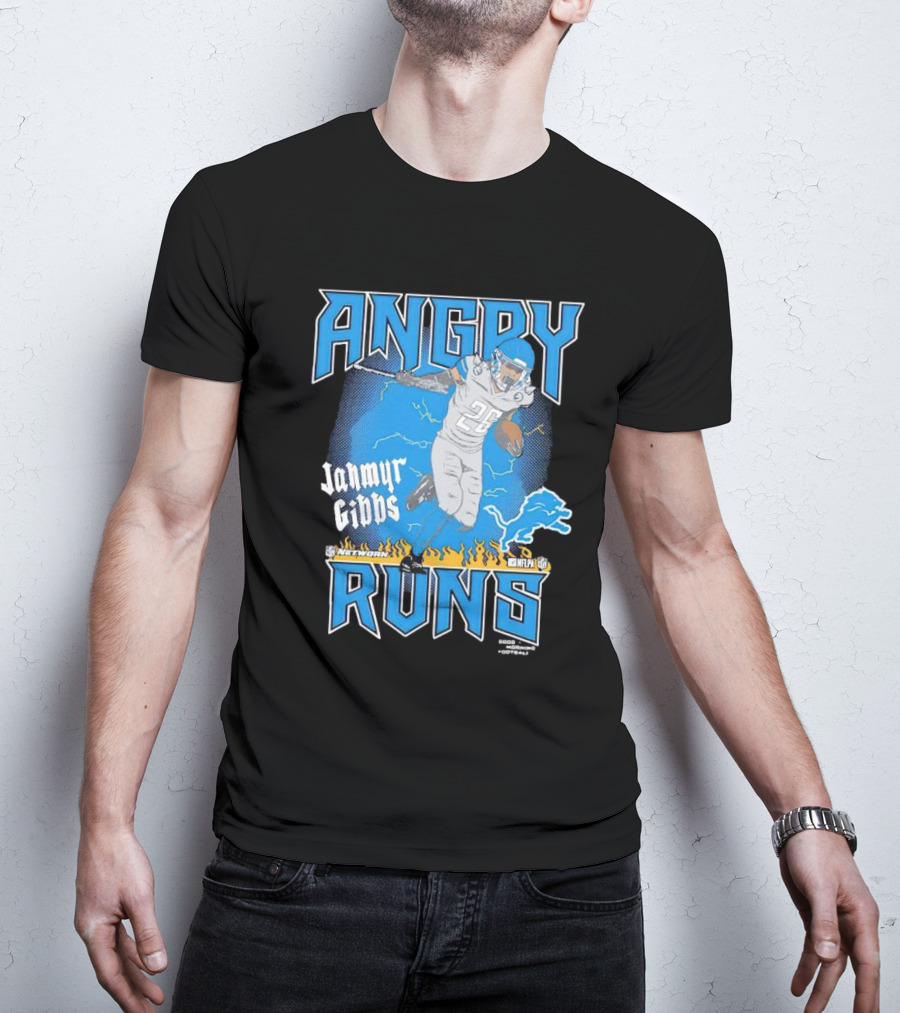 Jahmyr Gibbs Angry Runs Detroit Football Flames And Lion T-Shirt