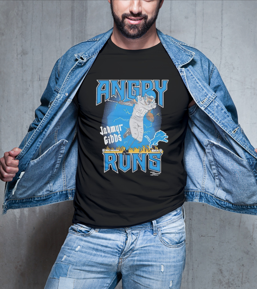 Jahmyr Gibbs Angry Runs Detroit Football Flames And Lion T-Shirt