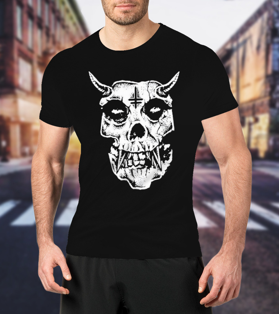 Twitching Tongues Twitchfits Sketched Skull With Horns And Inverted Cross T-Shirt
