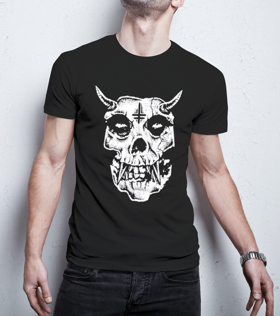 Twitching Tongues Twitchfits Sketched Skull With Horns And Inverted Cross T-Shirt