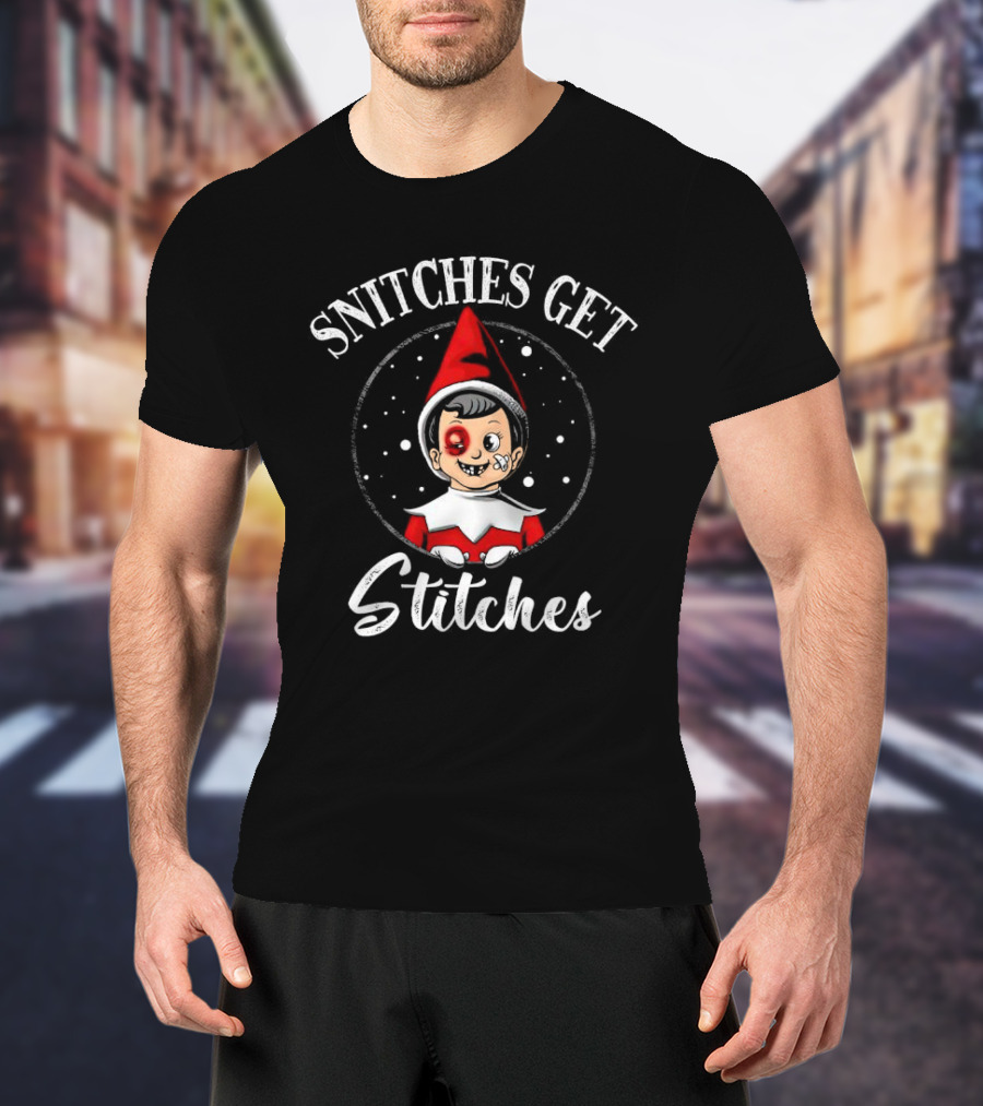 SNITCHES GET STITCHES Elf Red Hat Black Eye Snowflakes T-Shirt