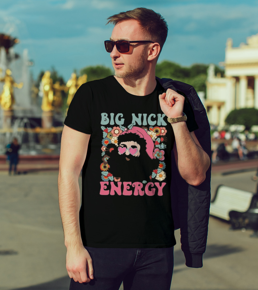 Big Nick Energy Merry Christmas Party Funny Santa With Flowers And Heart Sunglasses T-Shirt