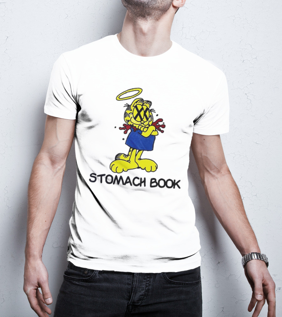 Garfield Stomach Book Angel Halo Yellow X Eyes Blue Red Blood T-Shirt