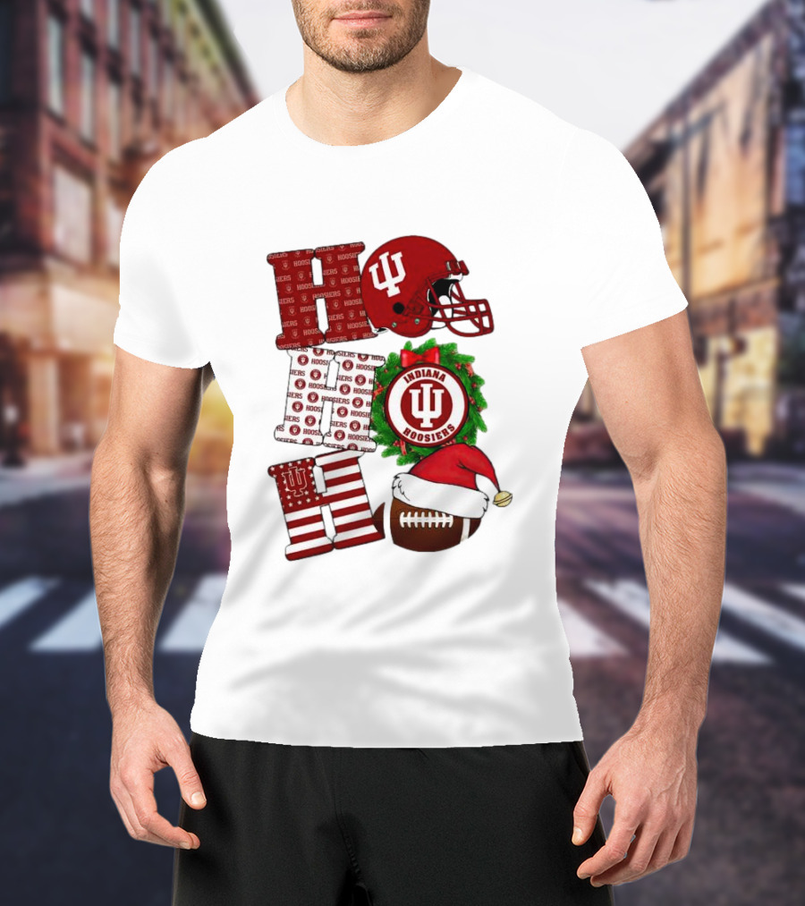Indiana Hoosiers Christmas Ho Ho Ho Football Helmet Wreath Santa Hat T-Shirt