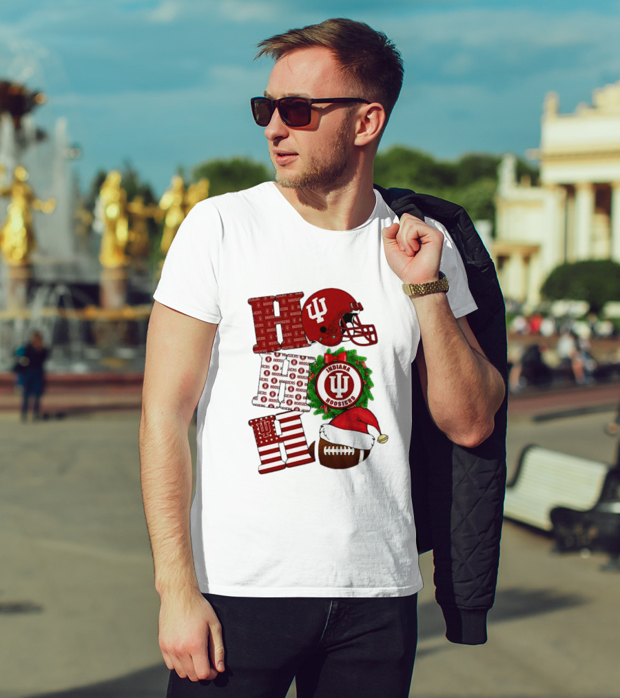 Indiana Hoosiers Christmas Ho Ho Ho Football Helmet Wreath Santa Hat T-Shirt