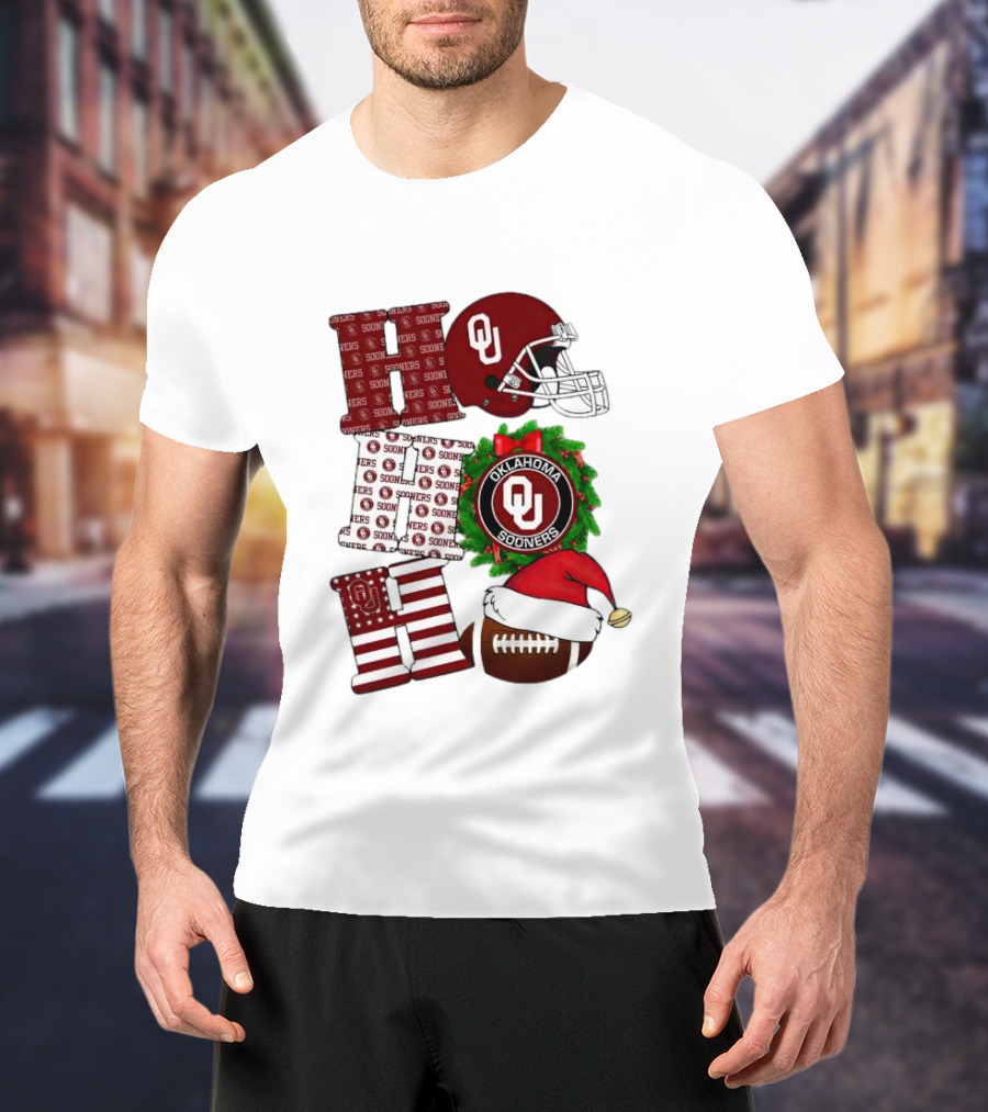 Oklahoma Sooners OU Helmet Wreath Football Santa Ho Ho Ho Christmas T-Shirt