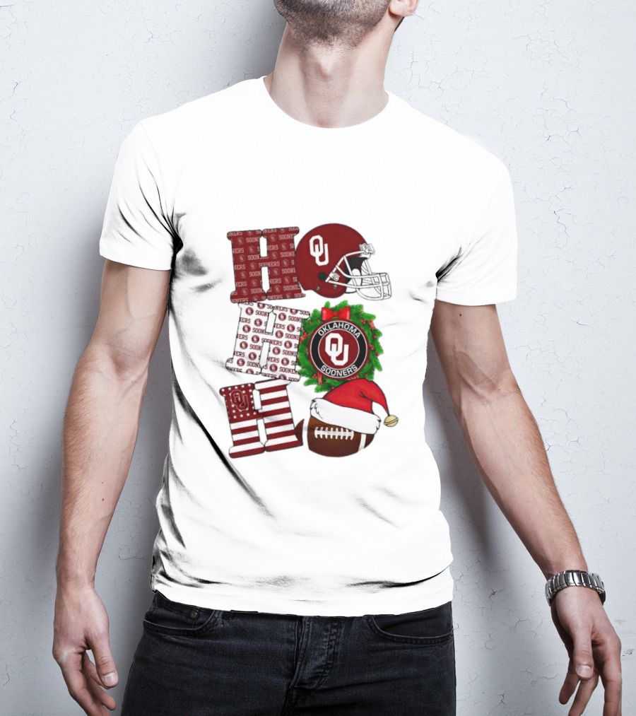 Oklahoma Sooners OU Helmet Wreath Football Santa Ho Ho Ho Christmas T-Shirt