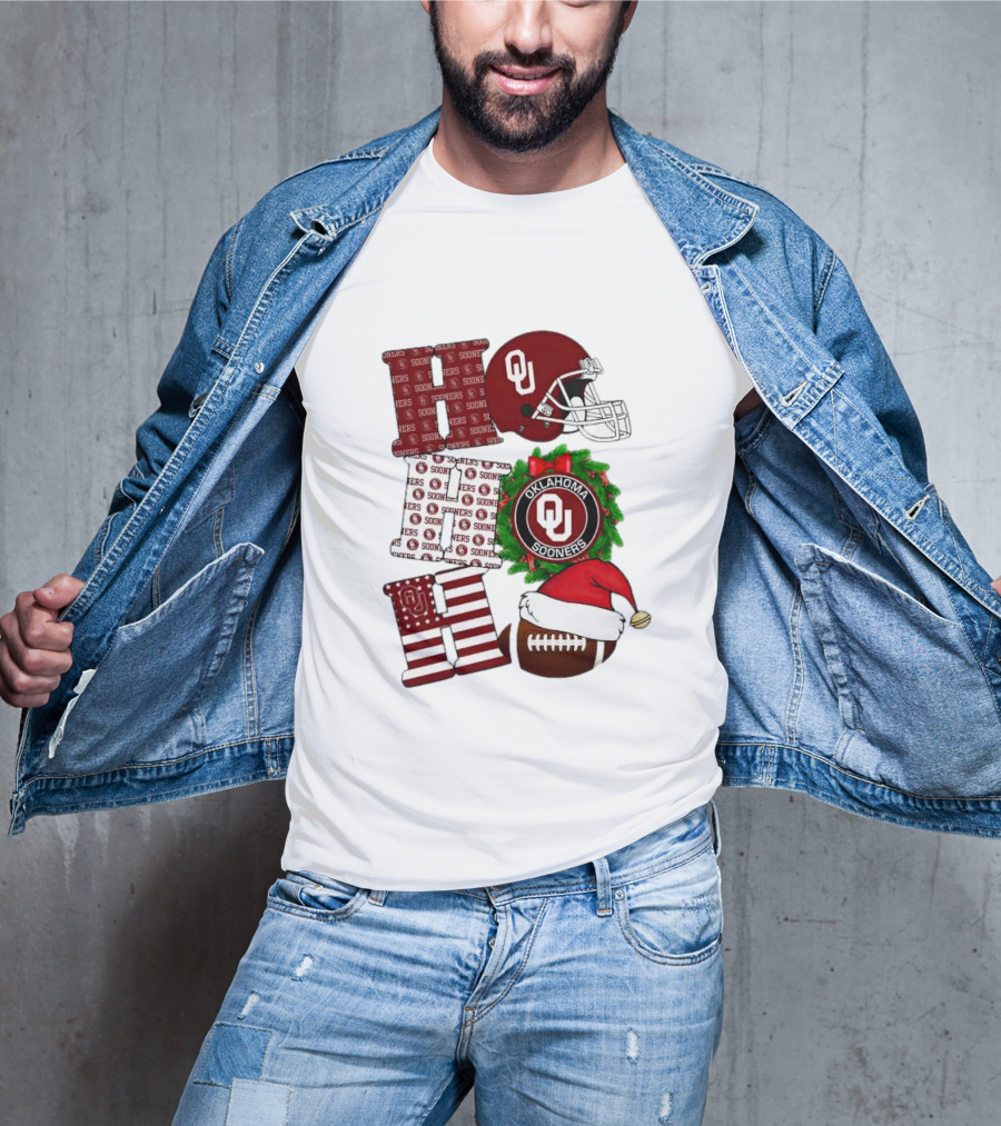 Oklahoma Sooners OU Helmet Wreath Football Santa Ho Ho Ho Christmas T-Shirt