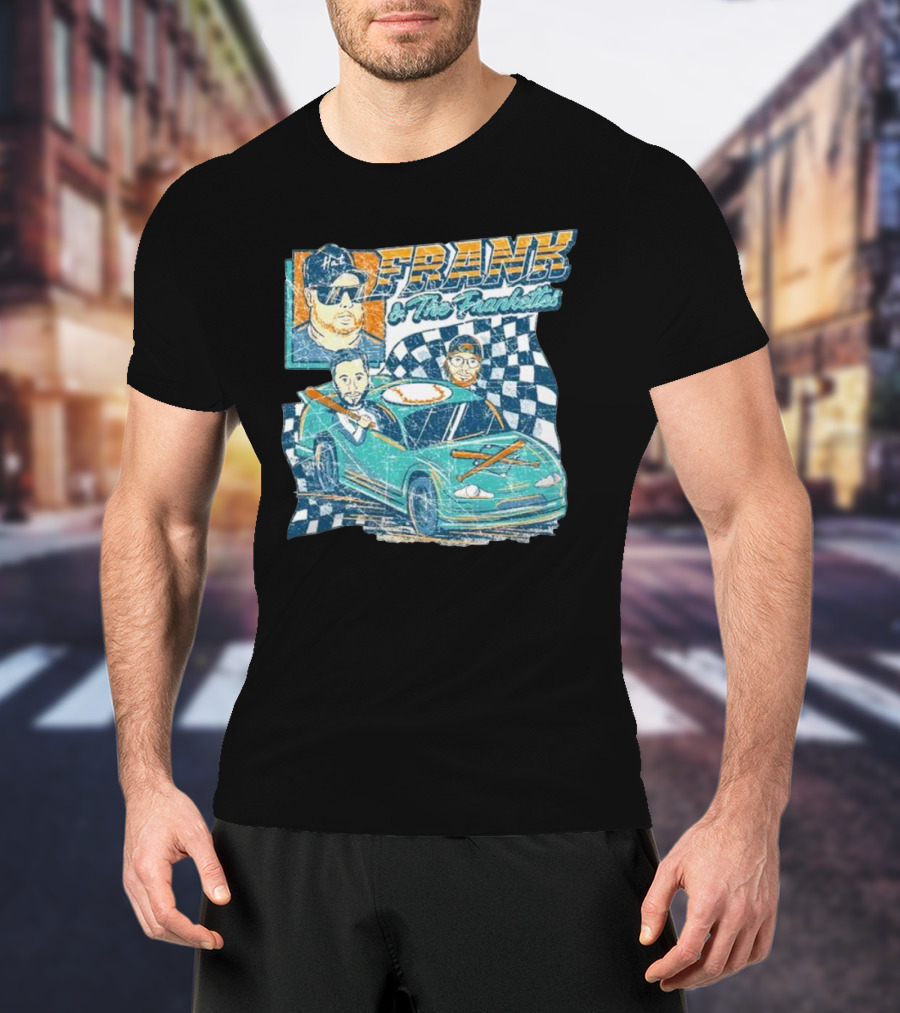 Frank And The Frankettes Racing Car Adventure With Checkered Flags And Cartoon Characters T-Shirt