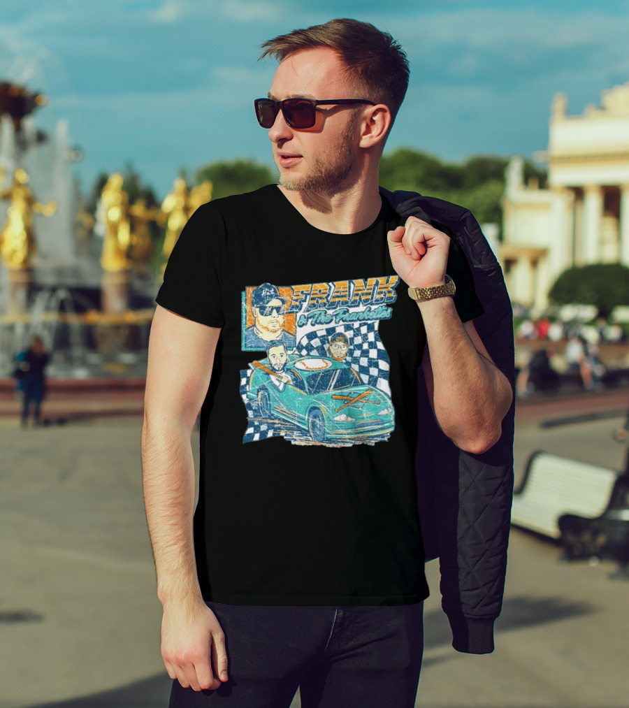 Frank And The Frankettes Racing Car Adventure With Checkered Flags And Cartoon Characters T-Shirt