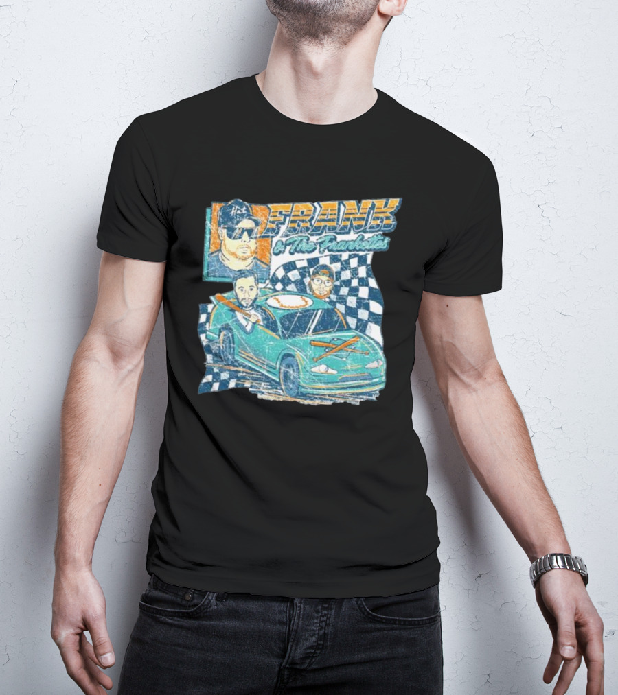 Frank And The Frankettes Racing Car Adventure With Checkered Flags And Cartoon Characters T-Shirt