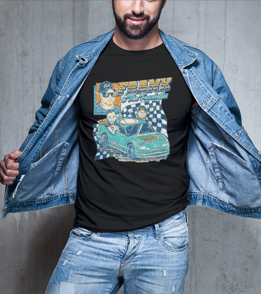Frank And The Frankettes Racing Car Adventure With Checkered Flags And Cartoon Characters T-Shirt