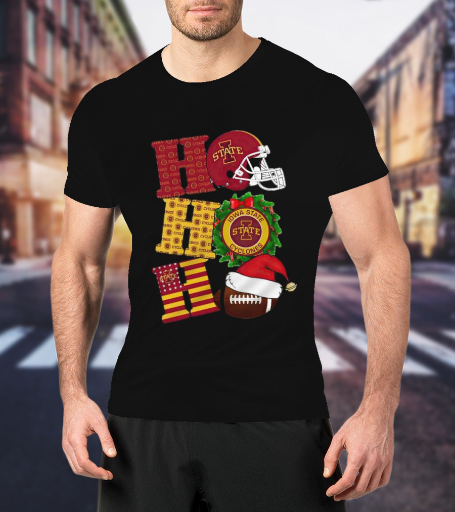 Iowa State Cyclones Christmas Football Helmet And Wreath Ho Ho Ho T-Shirt