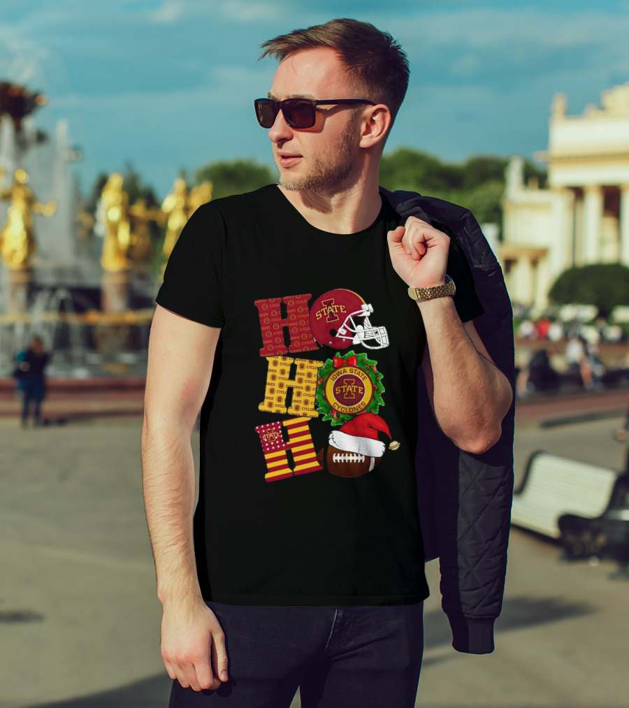 Iowa State Cyclones Christmas Football Helmet And Wreath Ho Ho Ho T-Shirt