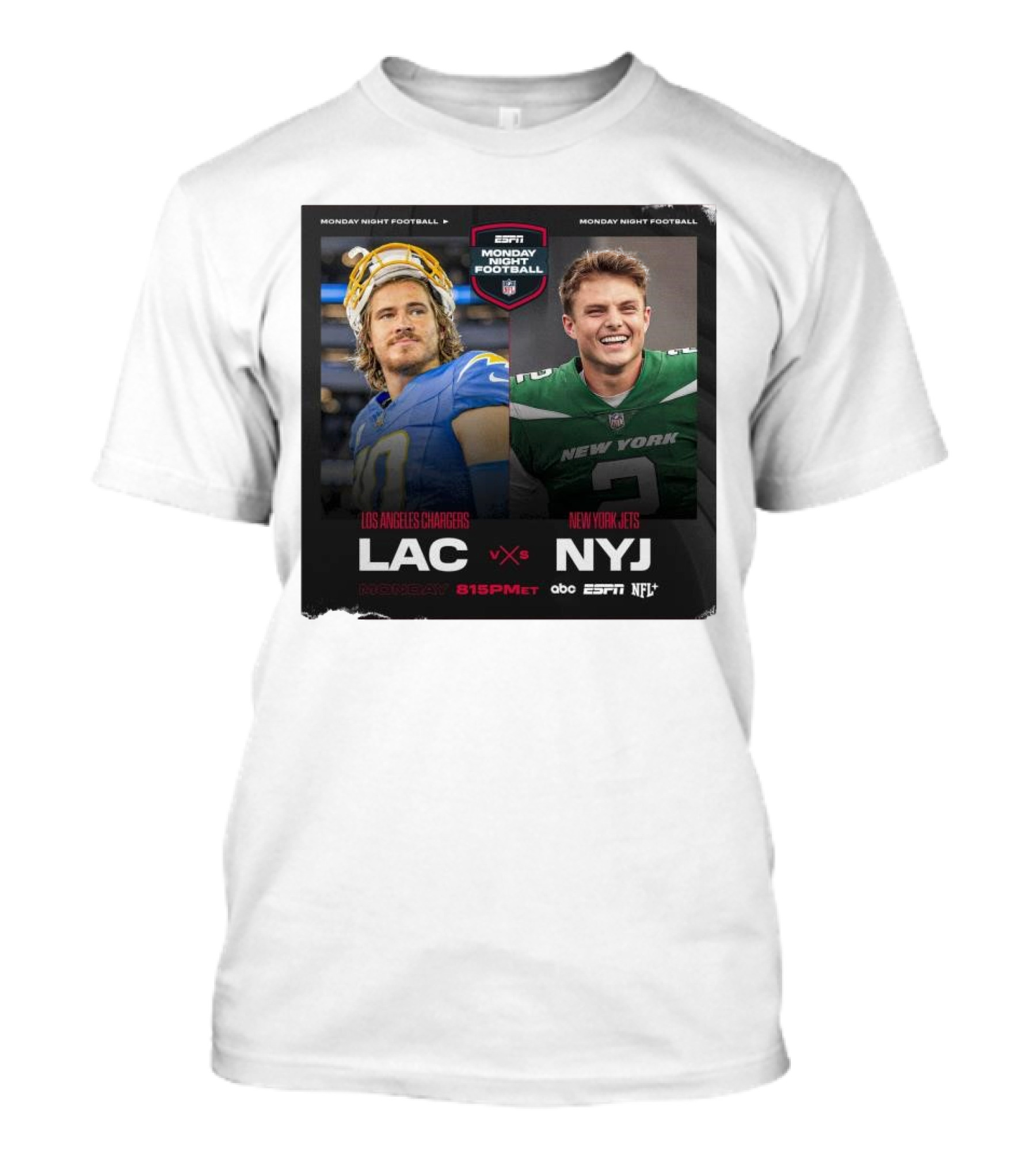 Justin Herbert Vs Zach Wilson Los Angeles Chargers Vs New York Jets ESPN Monday Night Football LAC Vs NYJ NFL 8:15 PM ET T-Shirt