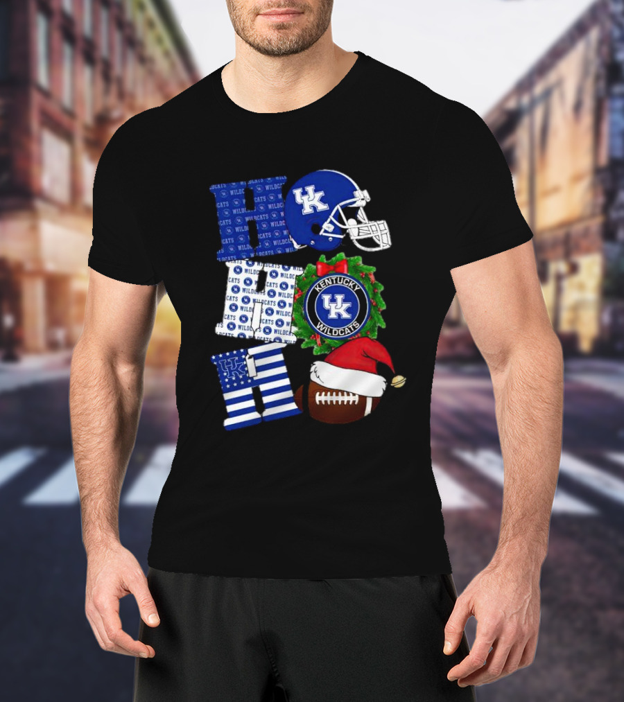 Kentucky Wildcats Ho Ho Ho Football Helmet Wreath Christmas T-Shirt