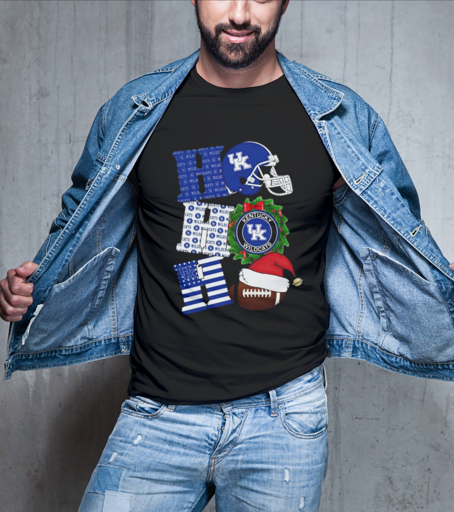Kentucky Wildcats Ho Ho Ho Football Helmet Wreath Christmas T-Shirt