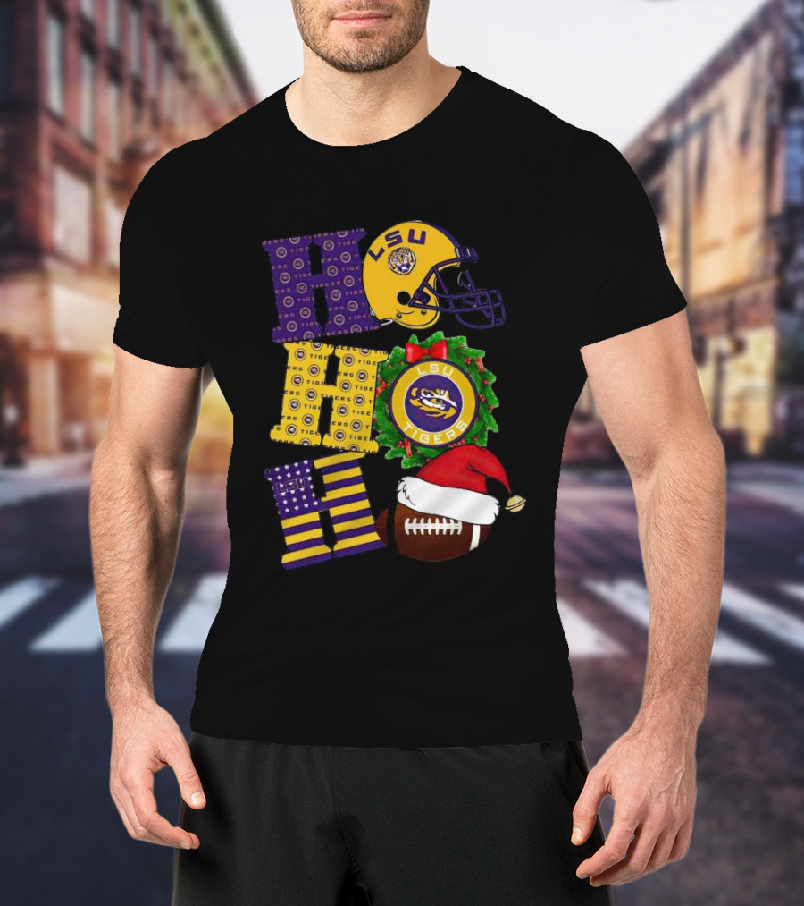 LSU Tigers Christmas Helmet Wreath Football Ho Ho Ho T-Shirt