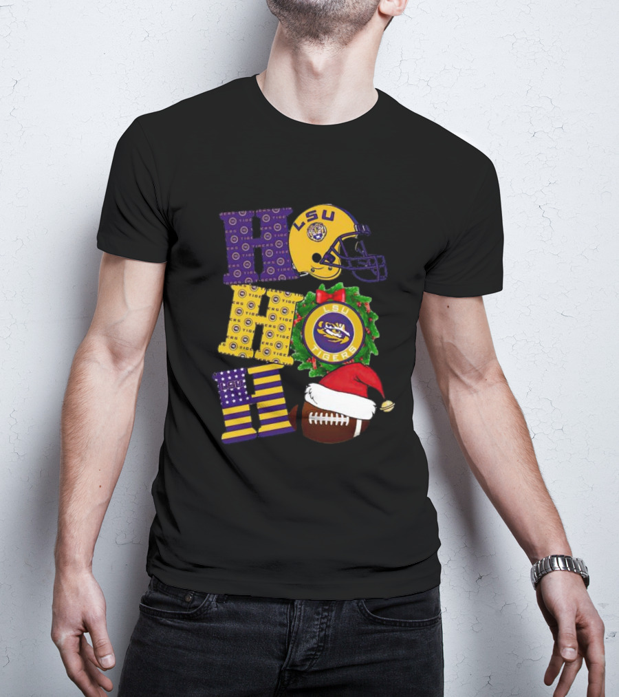 LSU Tigers Christmas Helmet Wreath Football Ho Ho Ho T-Shirt
