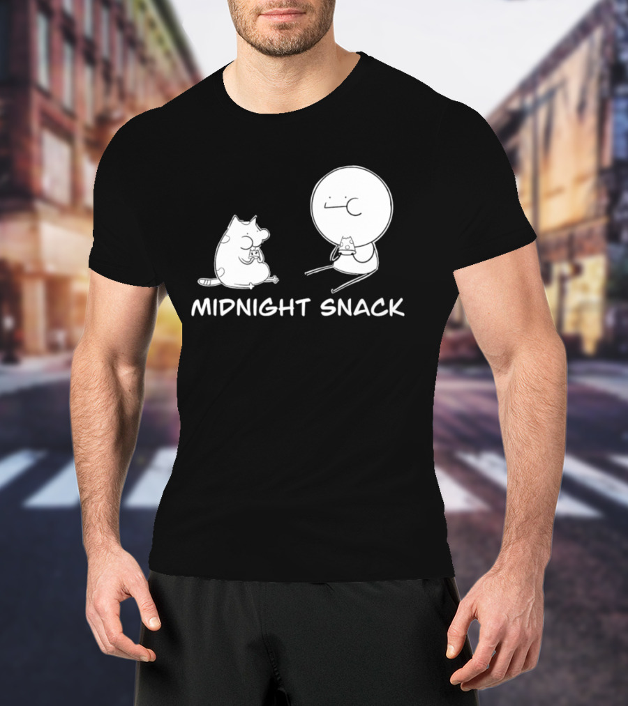 MIDNIGHT SNACK Cat And Stick Figure Eating Pizza T-Shirt