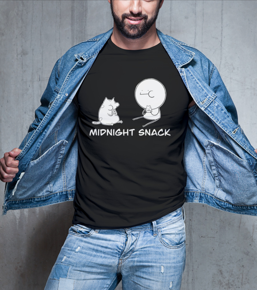 MIDNIGHT SNACK Cat And Stick Figure Eating Pizza T-Shirt