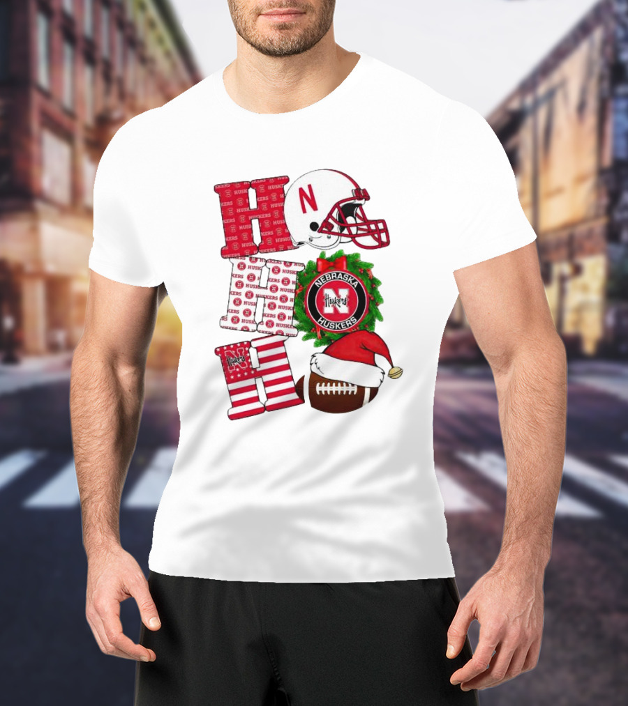 Nebraska Cornhuskers Ho Ho Ho Christmas Football Helmet Wreath Santa Hat Football T-Shirt
