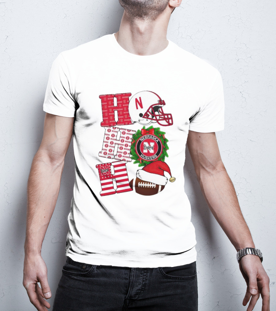 Nebraska Cornhuskers Ho Ho Ho Christmas Football Helmet Wreath Santa Hat Football T-Shirt