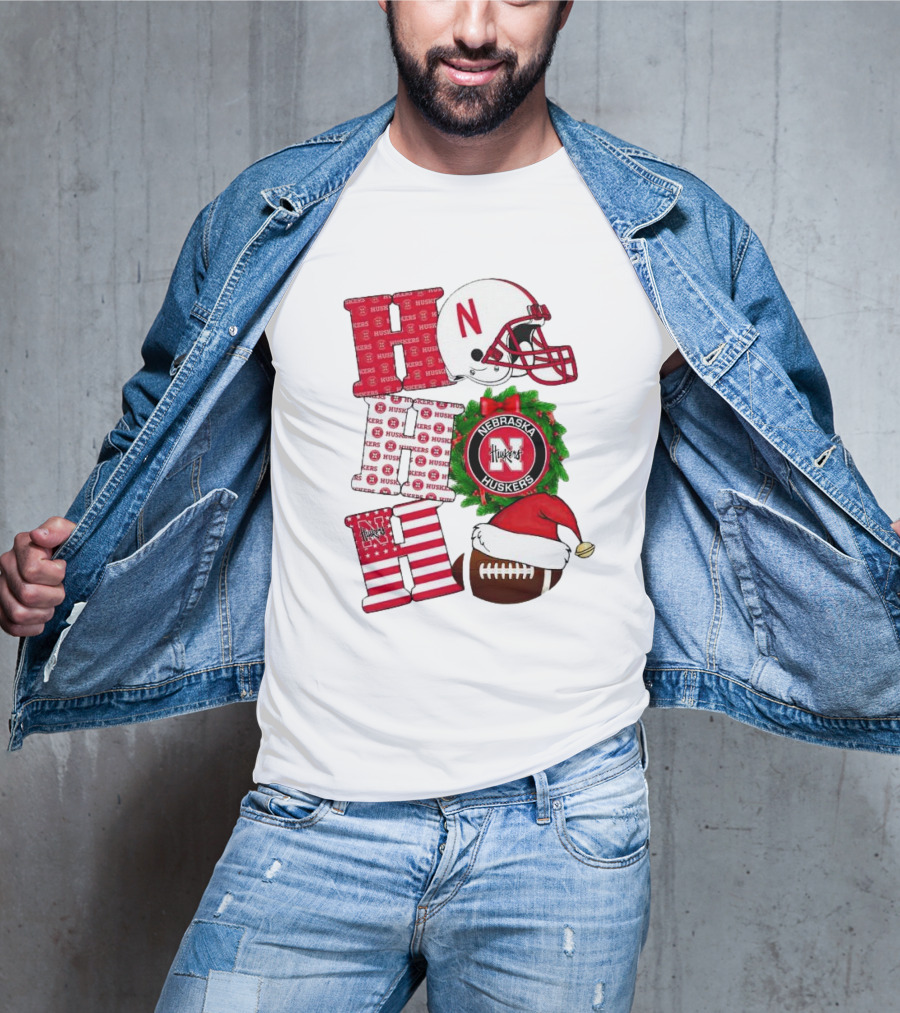 Nebraska Cornhuskers Ho Ho Ho Christmas Football Helmet Wreath Santa Hat Football T-Shirt