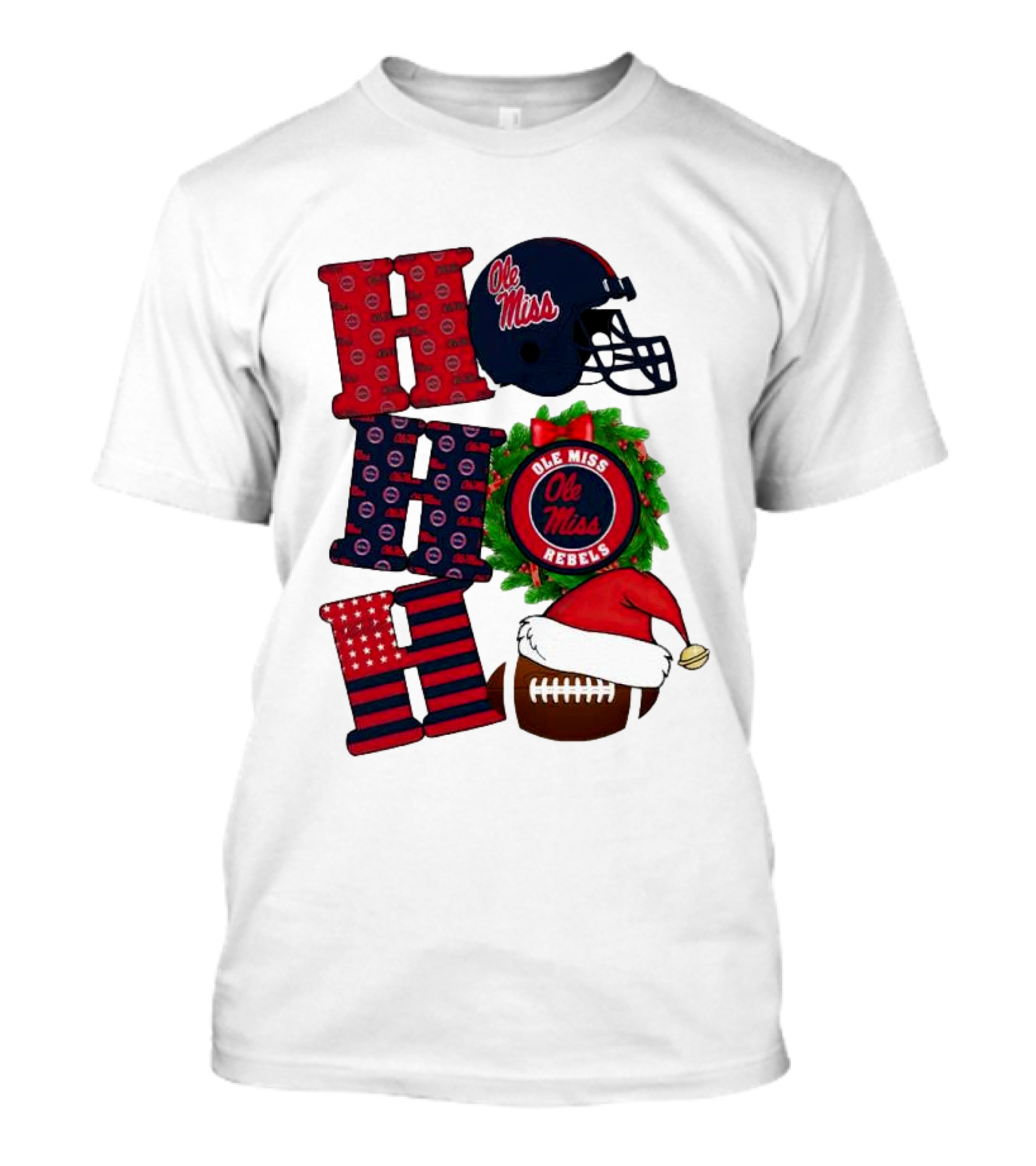 Ole Miss Rebels Christmas Football Helmet Wreath Ho Ho Ho T-Shirt