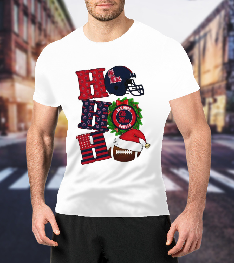 Ole Miss Rebels Christmas Football Helmet Wreath Ho Ho Ho T-Shirt