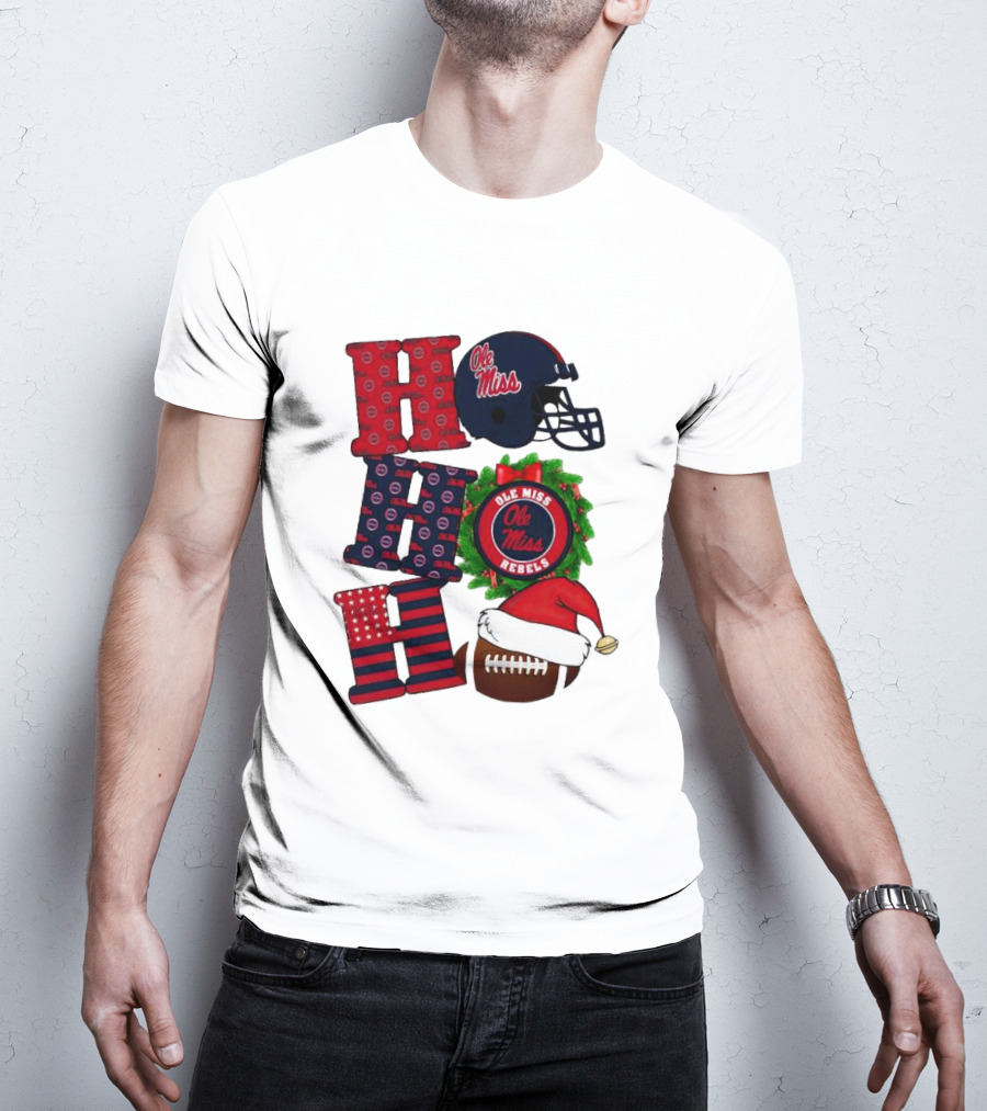 Ole Miss Rebels Christmas Football Helmet Wreath Ho Ho Ho T-Shirt