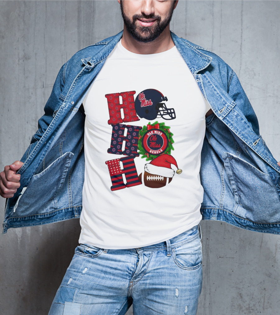 Ole Miss Rebels Christmas Football Helmet Wreath Ho Ho Ho T-Shirt