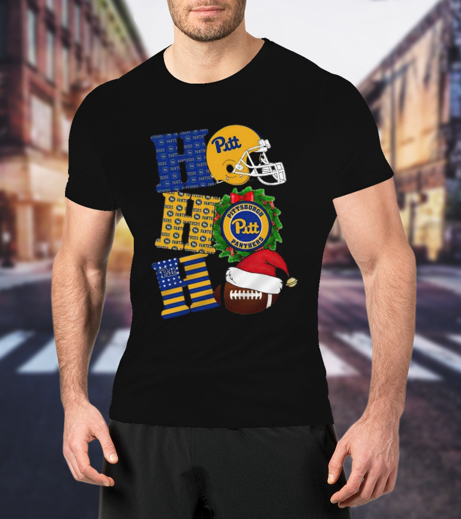 Pitt Panthers Christmas Helmet Wreath Football Ho Ho Ho T-Shirt