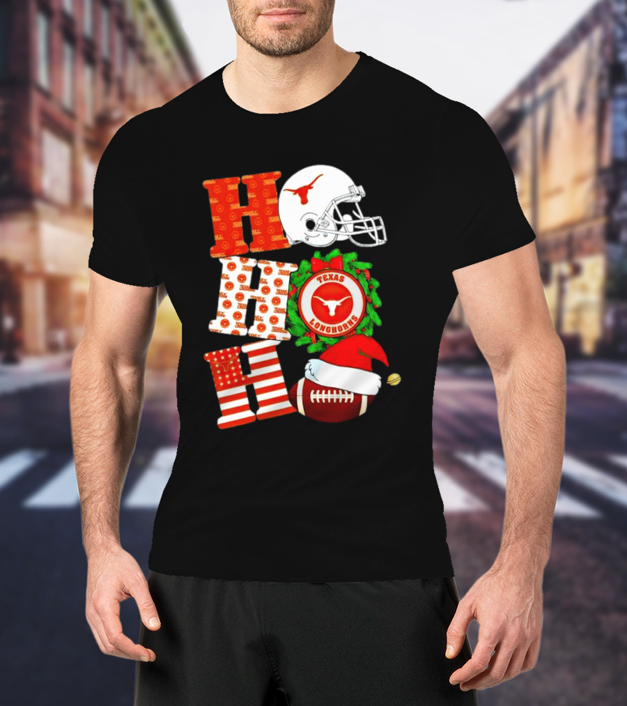 Texas Longhorns Ho Ho Ho Christmas Football Helmet Wreath Santa Hat T-Shirt