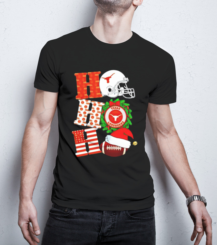 Texas Longhorns Ho Ho Ho Christmas Football Helmet Wreath Santa Hat T-Shirt