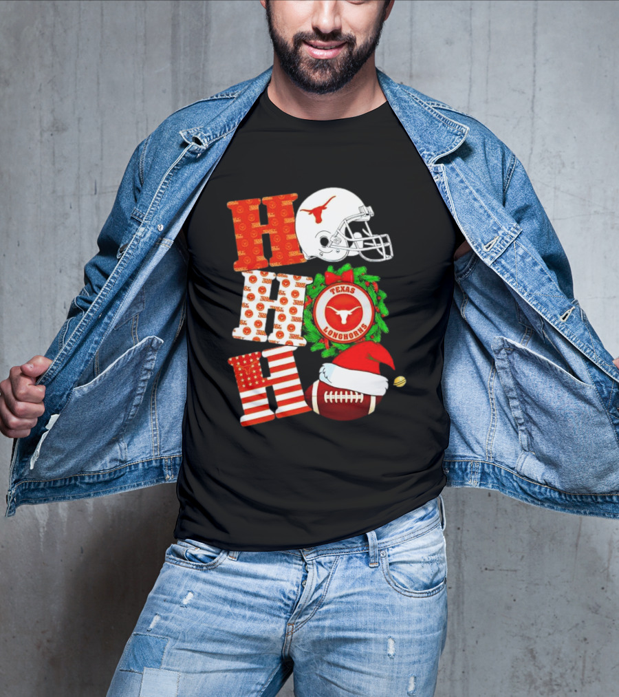 Texas Longhorns Ho Ho Ho Christmas Football Helmet Wreath Santa Hat T-Shirt